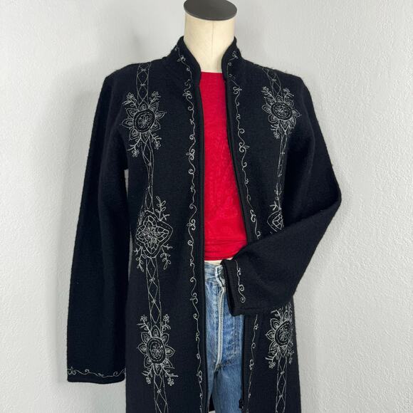 Wool Embroidered Zip Long Cardigan Sweater Black Fairycore Whimsigoth Size Small - Picture 2 of 8